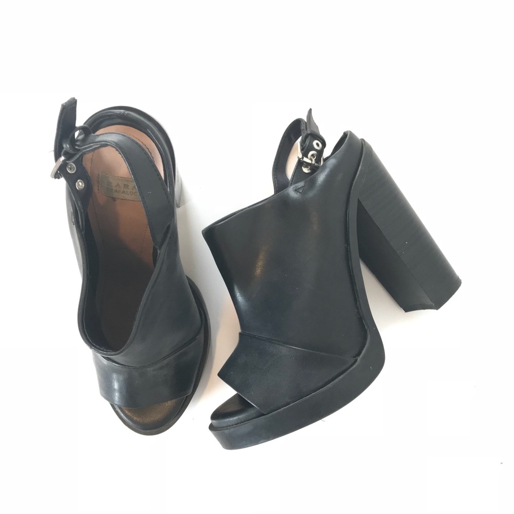Zara Block Heel Sling Back Ankle Bootie Black size 6.5 / 37